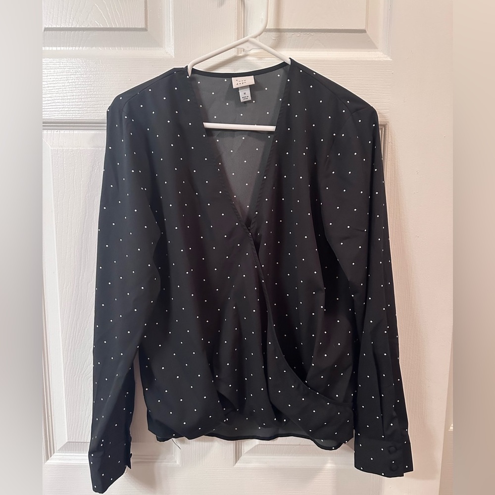 A New Day Black Blouse with White Polka Dots MEDIUM